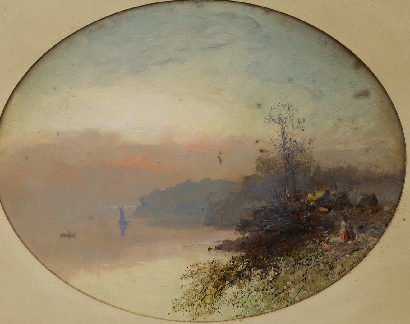 Thomas Dingle Jnr (fl.1879-1889), oil on card, river landscape at sunset, signed, 29 x 36cm, unframed.